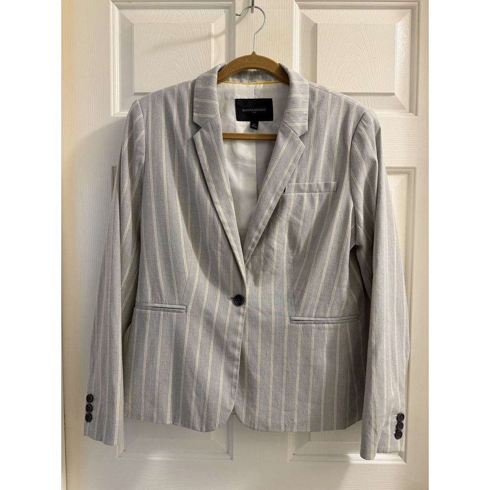 Banana Republic Gray White Striped Blazer Notch Lapel One-Button Women's Size 10
